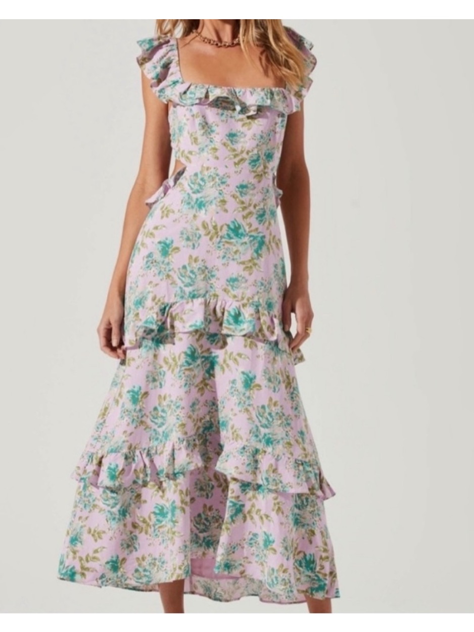 Astr The Label Lysette Midi Dress In Orchid Green Floral Pink Ruffle-Trim